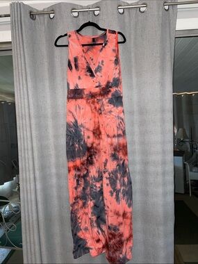 Sleeveless Coral Tie-Dye Maxi Dress with Waist Tie